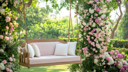 An inviting wooden swing adorned with plush cushions is surrounded by vibrant floral arrangements in a serene garden, creating a tranquil retreat.の素材