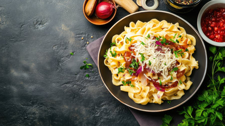 A mouthwatering serving of fettuccine pasta topped with sauce, cheese, and fresh herbs. Perfect for showcasing culinary art and gourmet cooking.の素材