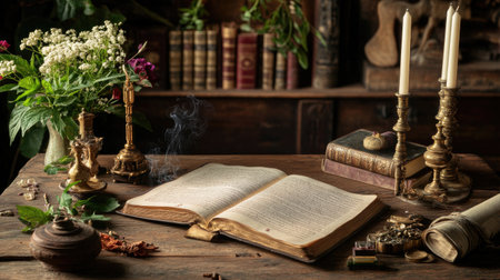 A serene vintage study featuring an open book, candles, fresh flowers, and elegant decor. This still-life composition evokes a sense of nostalgia and tranquility.の素材
