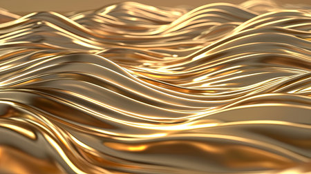 Beautiful golden waves create a soft and smooth fluid texture illuminated by bright light, offering a striking visual for any artistic or decorative project.の素材