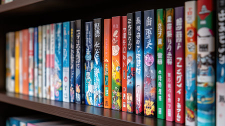 A vibrant and organized collection of books displayed on a wooden shelf, showcasing various titles that inspire creativity and knowledge in a cozy library environment.の素材