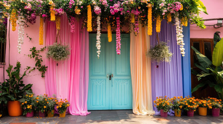 A stunning entrance adorned with colorful flowers and drapes creates a vibrant ambiance, perfect for enhancing garden aesthetics and inviting warmth.の素材