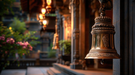 A close-up view of a beautifully crafted bronze bell hanging in a serene temple corridor, surrounded by soft lighting and lush greenery, evoking tranquility.の素材
