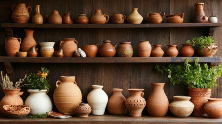 A visually striking collection of handmade clay pots arranged on wooden shelves. Perfect for showcasing rustic charm in home decor, the earthy tones and unique shapes highlight traditional craftsmanship.の素材