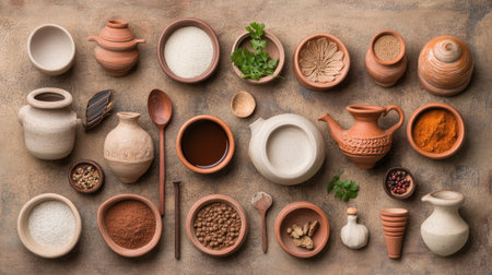A beautiful arrangement of traditional clay pots and spices on a rustic surface, showcasing the richness of culinary traditions and earthy textures perfect for food photography.の素材