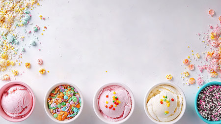 A vibrant arrangement of ice cream cups featuring colorful sprinkles and various flavors. Perfect for summer parties or dessert enthusiasts.の素材