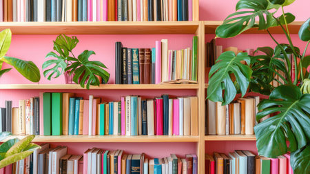 A vibrant display of colorful books arranged on a wooden bookshelf surrounded by lush green plants against a pink wall, creating a cozy reading environment.の素材