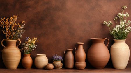 A collection of rustic ceramic pots showcasing dried flowers against a warm brown backdrop, perfect for adding a touch of nature and elegance to any space.の素材