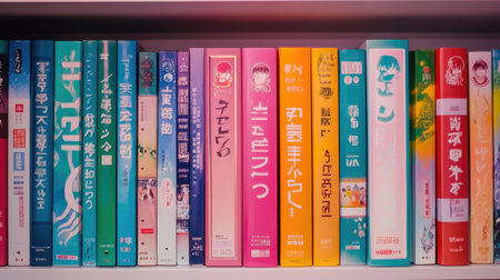 A vibrant collection of Japanese manga books arranged neatly on a white shelf, showcasing the colorful spines that capture the essence of storytelling and art.の素材