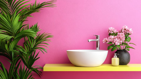A vibrant bathroom scene featuring a stylish white sink, lush greenery, and fresh flowers against a bold pink wall. Perfect for modern decor inspiration.の素材
