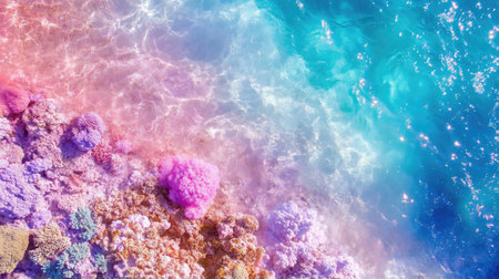 A stunning view of a vibrant coral reef showcasing colorful corals and clear turquoise waters. The sunlight reflects beautifully on the surface, creating a serene underwater scene.の素材