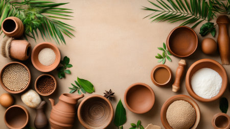 Enjoy this vibrant arrangement of assorted spices and natural ingredients displayed on an earthy background, perfect for culinary inspiration and creative food styling.の素材