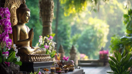 A tranquil scene featuring a Buddha statue surrounded by lush greenery and vibrant flowers, creating an inspiring atmosphere for meditation and reflection.の素材
