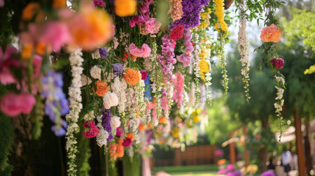 A stunning display of colorful flowers hanging gracefully among greenery creates a vibrant and captivating outdoor atmosphere, perfect for any celebration.の素材