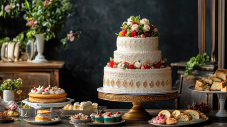 An elegant wedding cake adorned with fresh flowers is surrounded by a variety of exquisite dessert treats, creating a stunning display for any celebration.の素材