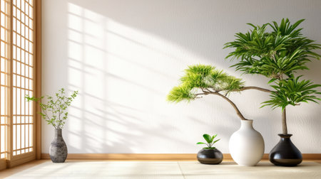 A tranquil indoor space showcasing decorative plants in elegant vases, illuminated by gentle sunlight and casting soft shadows on the wall, creating a serene atmosphere.の素材