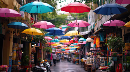 A stunning scene of colorful umbrellas hanging over a lively market street, creating a whimsical atmosphere. This vibrant setting showcases the charm of outdoor shopping.の素材