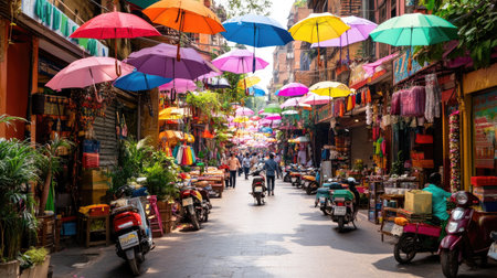 Explore a lively market street adorned with colorful umbrellas creating a cheerful atmosphere. Bright decor enhances the vibrant urban scene perfect for travel photography.の素材