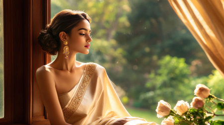 A graceful woman adorned in elegant traditional attire seated by a window, basking in soft sunlight, surrounded by delicate flowers. Ideal for concepts of beauty and serenity.の素材