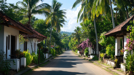 A picturesque road lined with tropical houses, vibrant flowers, and swaying palm trees creates a tranquil atmosphere perfect for relaxation and exploration.の素材