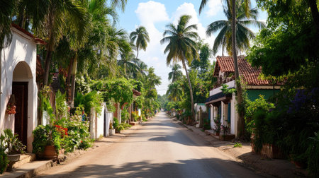 Serene tropical street featuring tall palm trees and lush greenery on either side, creating a picturesque scene that invites relaxation and exploration.の素材