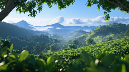 A serene landscape showing a lush green tea plantation beneath a clear blue sky, surrounded by rolling hills and gentle clouds. Perfect for nature lovers.の素材