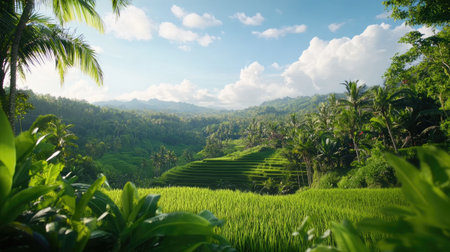 Experience the serene beauty of a tropical landscape featuring vibrant green rice terraces, surrounded by lush vegetation and a bright blue sky.の素材