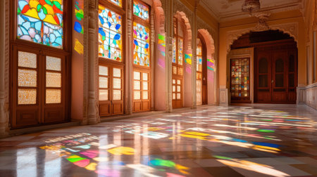 A stunning heritage hallway illuminated by vibrant sunlight reflections through intricate stained glass, creating a peaceful and elegant atmosphere.の素材