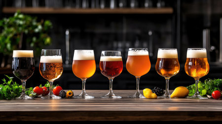 A stunning arrangement of diverse beer styles on a rustic wooden table, showcasing unique colors and foamy textures, perfect for food and beverage themes.の素材