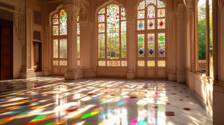 Experience the enchanting beauty of light playing through stained glass in a historic indoor space, illuminating intricate patterns on polished floors.の素材
