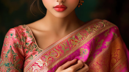 A stunning portrait of a woman wearing a vibrant pink and gold sari. The intricate embroidery highlights her elegance and cultural beauty, showcasing rich details and perfect makeup.の素材