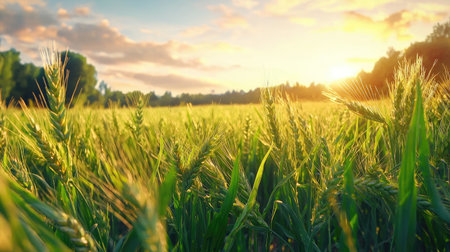 A serene view of a golden wheat field illuminated by the soft light of sunrise, showcasing the beauty of nature and agricultural growth in a peaceful rural setting.の素材