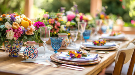 Experience a vibrant outdoor dining setup adorned with colorful flowers, elegant tableware, and a bright, inviting atmosphere perfect for summer gatherings.の素材