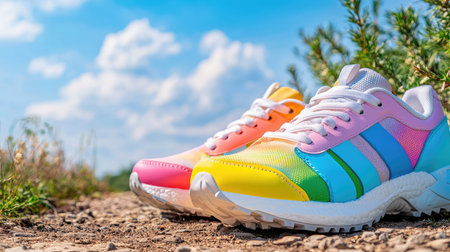 A pair of vibrant and colorful sneakers resting on a gravel path under a bright sky. The stylish design and unique color blend make these shoes perfect for any outdoor activity or casual wear.の素材
