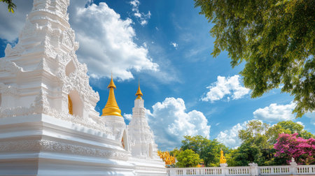 A stunning view of white temples with golden spires against a bright blue sky. Lush greenery surrounds the serene landscape, creating a peaceful atmosphere.の素材