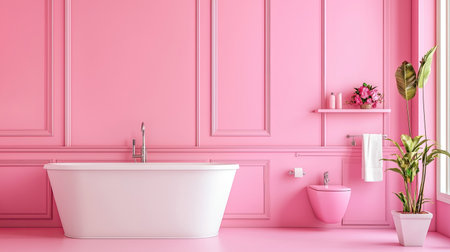 This elegant bathroom features a modern free-standing bathtub against a vibrant pink wall, complemented by a potted plant and floral accents for a tranquil atmosphere.の素材