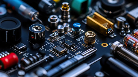 Detailed close-up of various electronic components on a circuit board, showcasing intricate designs and technology used in modern electronics development.の素材