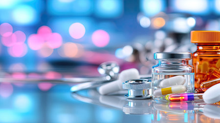 A variety of colorful medications and medical supplies arranged on a reflective table, emphasizing the importance of health and wellness in modern healthcare.の素材