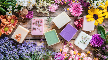 A beautiful arrangement of colorful handmade soaps surrounded by vibrant flowers on a rustic wooden table, perfect for promoting relaxation and natural beauty.の素材