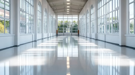 This image features a bright and spacious hallway with large windows, showcasing a polished floor that reflects light beautifully. Ideal for architectural themes.の素材