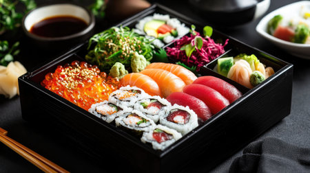 Indulge in a beautifully arranged sushi platter featuring an array of fresh seafood, sashimi, and garnishes, perfect for a deluxe dining experience.の素材