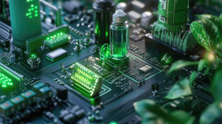 A sleek close-up of a microchip circuit board featuring vibrant green lights and integrated plants, showcasing the harmony between technology and nature.の素材