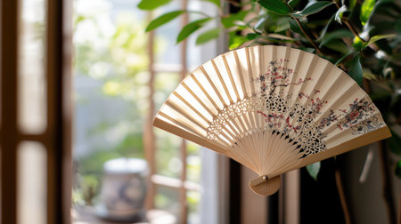 A beautifully crafted traditional fan with floral designs, lit by natural light. This image captures the elegance and cultural heritage, offering a sense of serenity and style for decorative inspiration.の素材