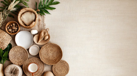 This image showcases a beautiful flatlay of natural textures and organic materials, featuring woven baskets, simple tableware, and greenery, perfect for aesthetic compositions.の素材