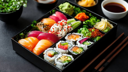 A beautifully arranged sushi bento box featuring a variety of fresh seafood, vibrant vegetables, and colorful garnishes, perfect for a healthy meal.の素材