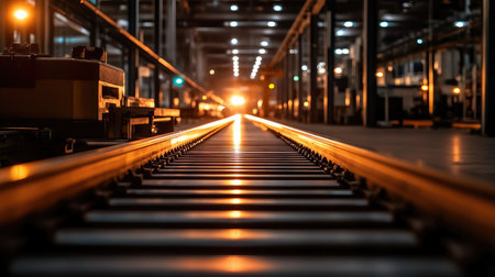 A close-up view of railway tracks in an industrial warehouse, illuminated by warm lights. The scene captures the essence of transportation and engineering.の素材