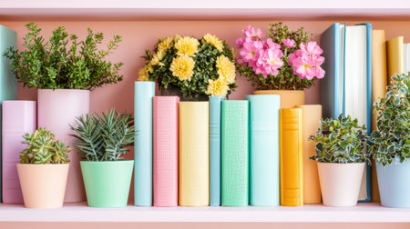 A charming display of pastel-colored books and vibrant plants on a modern shelf creates a warm, inviting atmosphere perfect for home decor and interior design inspiration.の素材