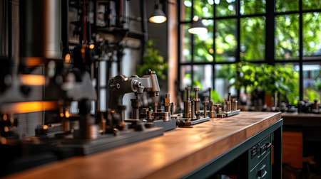 A beautifully designed workspace featuring a wooden table with tools, surrounded by lush greenery that enhances creativity and productivity in a modern setting.の素材