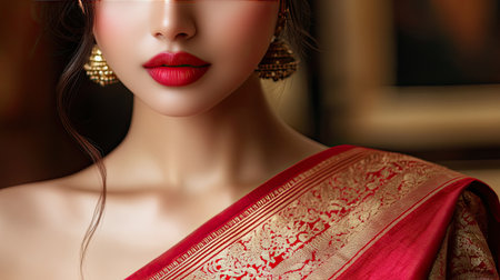 Close-up portrait of an elegant woman wearing a traditional red saree adorned with intricate designs, showcasing her striking makeup and elegant jewelry.の素材