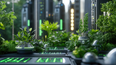 This image depicts a futuristic urban garden, showcasing vibrant greenery integrated with advanced technology, symbolizing a sustainable environment and innovation in city design.の素材